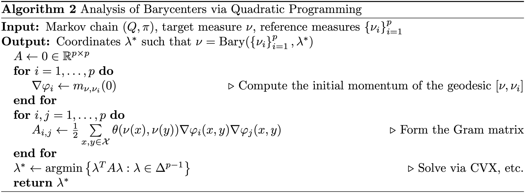 Algorithm 2: analysis of barycenters via quadratic programming